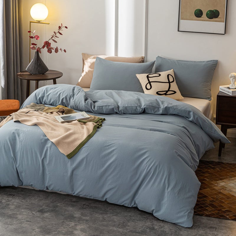 Janlive Washed Cotton Duvet Cover Oueen Ultra Soft 100% Cotton Solid Color Grayish Blue Duvet Cover Set with Zipper Closure -3 Pieces Grayish Blue Queen - Image 2